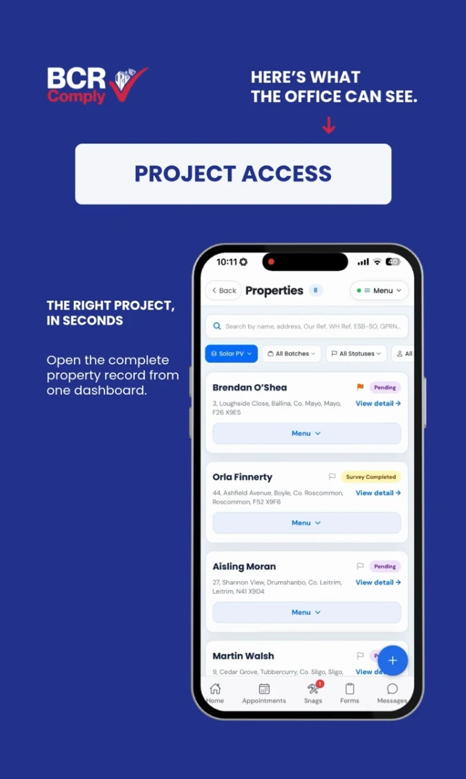 BCR Comply app project list