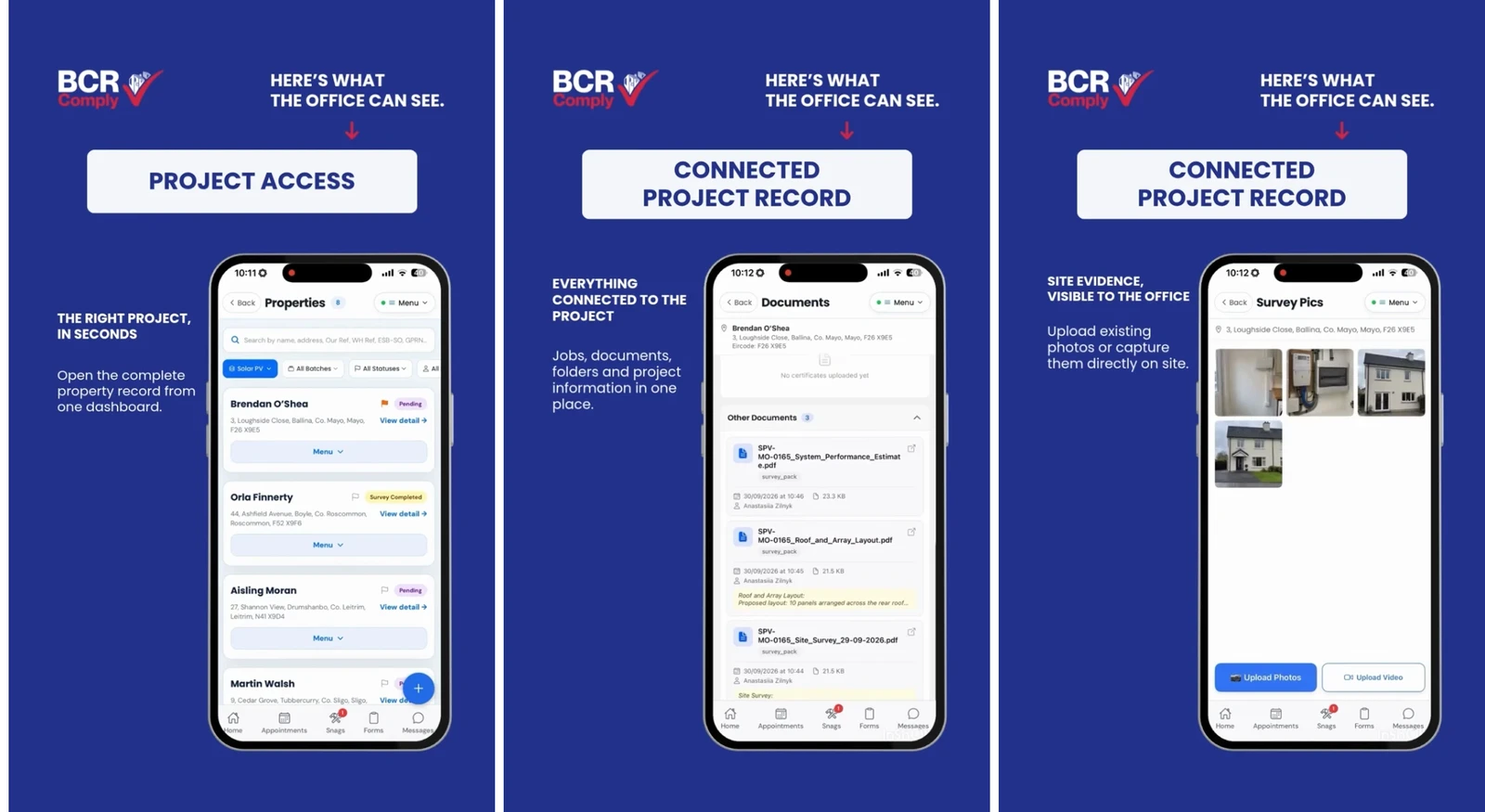 Three BCR Comply app views showing project access, connected project documents and site photos visible to the office