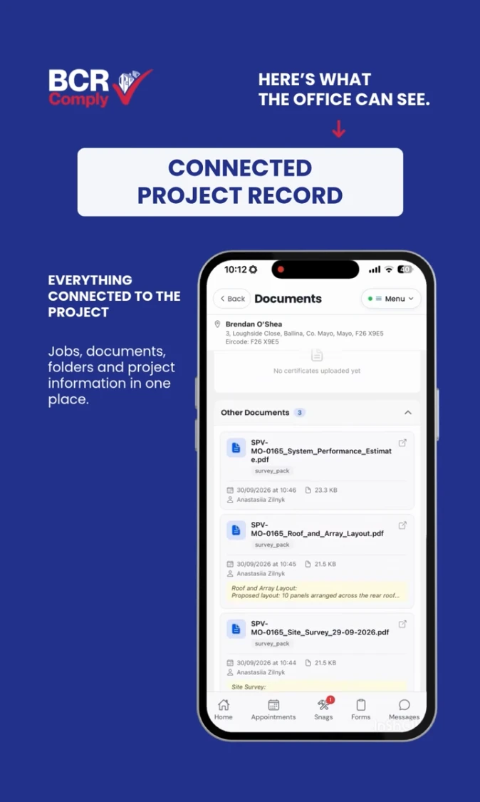 Documents attached to a BCR Comply project record