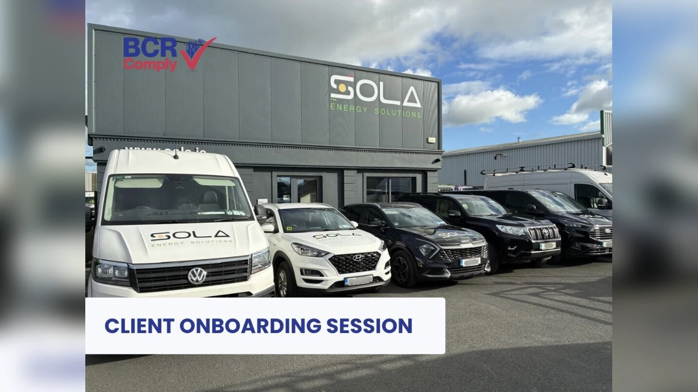 SOLA Energy Solutions premises and branded vehicles, with the BCR Comply logo and Client Onboarding Session banner