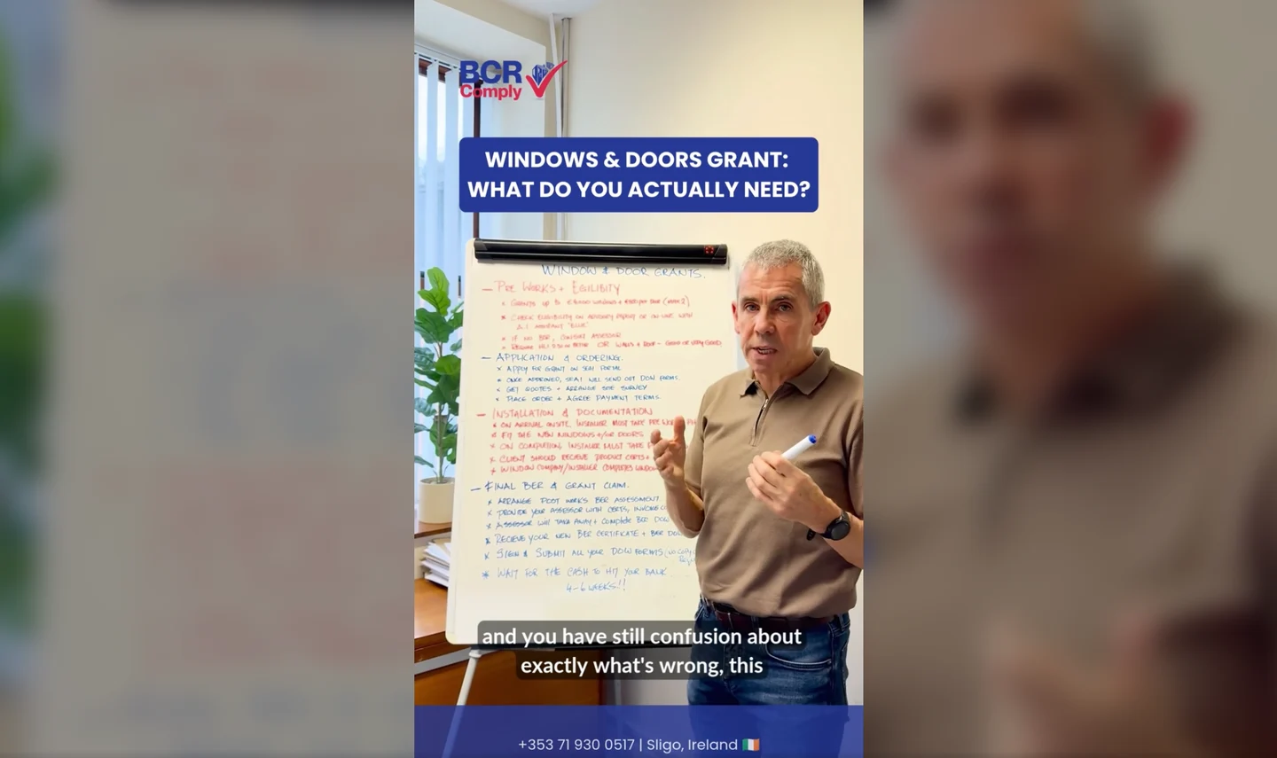 Sean from BCR Comply beside a windows and doors grant checklist, with the caption Windows & Doors Grant: What do you actually need?