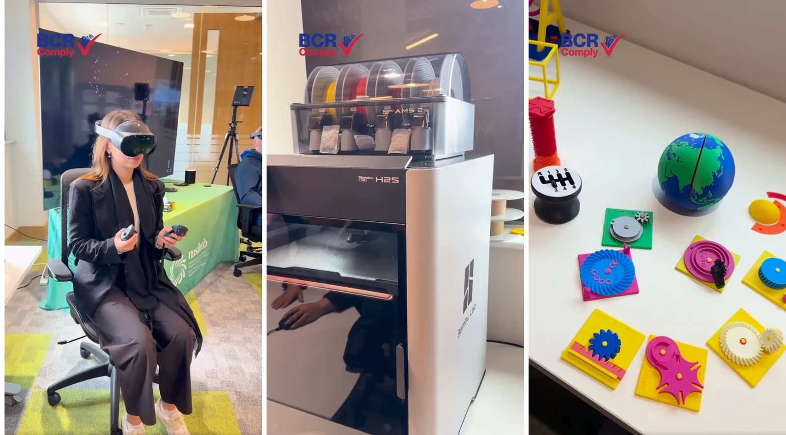 Collage from the MSLETB XRHub Sligo visit showing a headset experience, a 3D printer and colourful tactile learning models