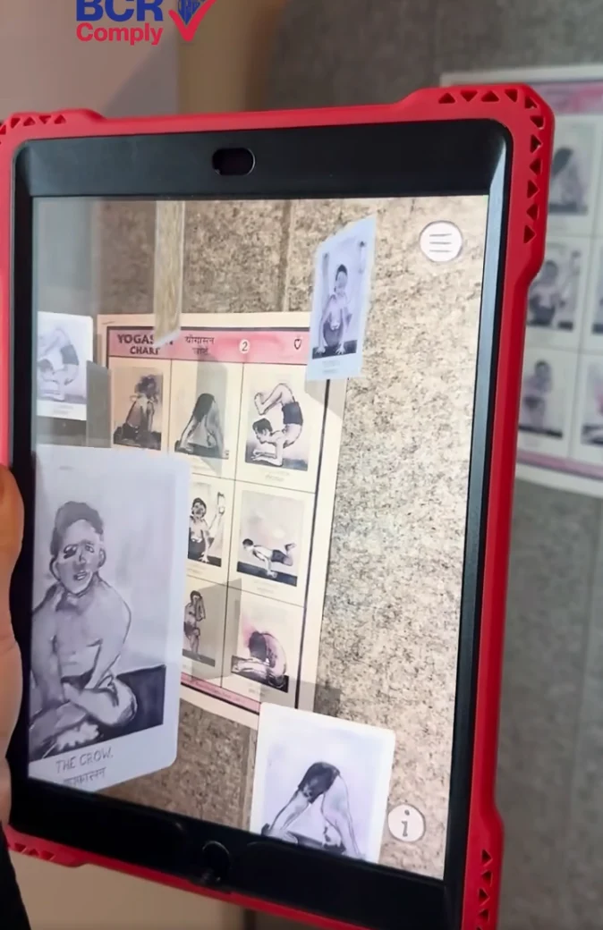 Tablet in a red protective case displaying a visual demonstration